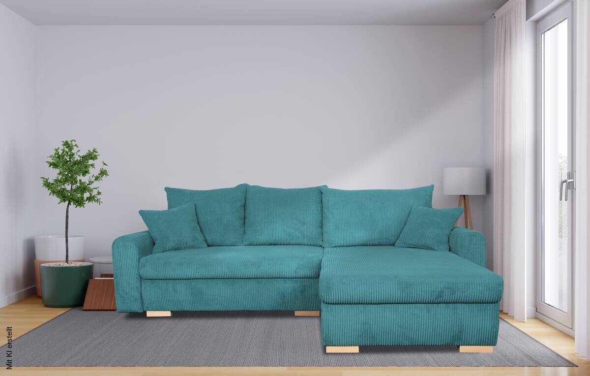 Corner Sofa with Sleeper Function and Storage Compartment Turquoise Microfiber W/H/D: approx. 224.5x90x168 cm